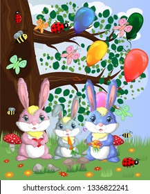 A family of three bunnies in a forest glade. Mom, dad, baby. Spring, love, postcard