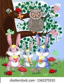 A family of three bunnies in a forest glade. Mom, dad, baby. Spring, love, postcard