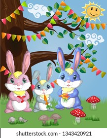 A family of three bunnies in a forest glade. Mom, dad, baby. Spring, love, postcard