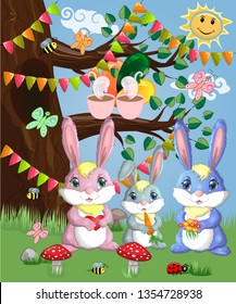 A family of three bunnies in a forest glade. Mom, dad, baby. Spring, love, postcard