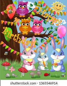 A family of three bunnies in a forest glade. Mom, dad, baby. Spring, love, postcard