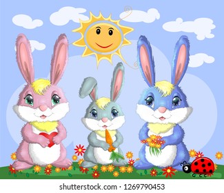 A family of three bunnies in the meadow near the rainbow. Mom, dad, baby. Spring, love, postcard