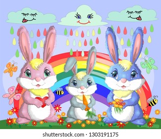 A family of three bunnies in the meadow near the rainbow. Mom, dad, baby. 