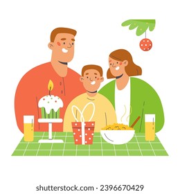 Family of three celebrating Christmas with holiday dinner at home. Flat style people characters vector illustration. 