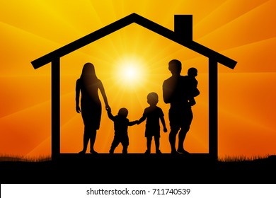 Family with three children in the house at sunset
