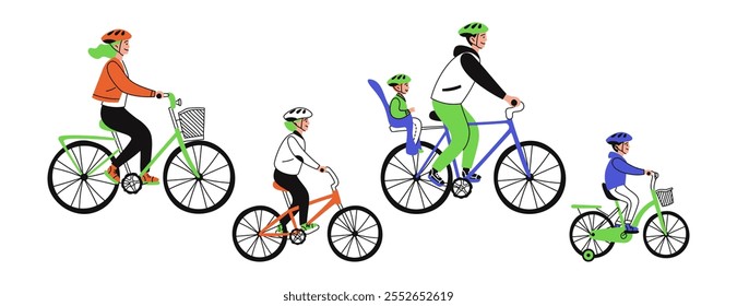 Família com três filhos em bicicletas isoladas sobre fundo branco. Conceito de transporte ecológico. Cuidar da natureza. Esporte. Ilustração do doodle da linha plana do vetor