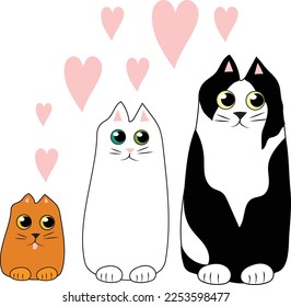 A family of three cute cartoon cats with hearts around them. White cat, black and white cat and red kitten. Vector image, isolated objects on a white background.