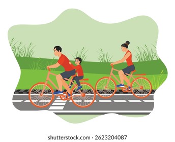 A family of three cycling outdoors on a bike path, enjoying recreation and bonding time in a natural setting. Happy parents and children concept.