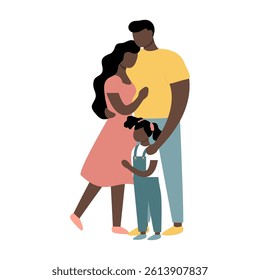 A family of three. Dad, mom and child are hugging each other. Friendly family