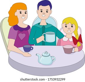 A family of three - dad, mom and daughter, drinking tea at a round table at home. The concept of family values ​​and love, joint activities. Vector illustration