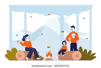 Uma família de três pessoas desfrutando de acampar na natureza, sentada em toras ao redor de uma fogueira com borboletas voando, montanhas ao fundo. Conceito de lazer ao ar livre. Ilustração vetorial