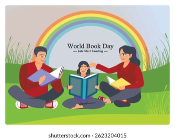 A family of three enjoying quality time reading books outdoors under a vibrant rainbow for World Book Day. Flat vector illustration