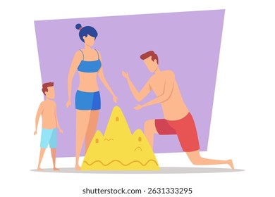 Family of three enjoying sunny day at beach, working together to build colorful sandcastle. Quality family moments concept