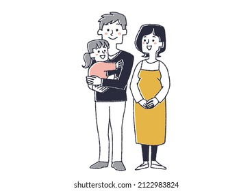 A family of three, a father, a pregnant woman, and a daughter, a comical hand-drawn person illustration, a simple coloring on a vector line drawing, and a white background.