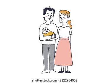 A family of three, a father, a pregnant woman, and a daughter, a comical hand-drawn person illustration, a simple coloring on a vector line drawing, and a white background.