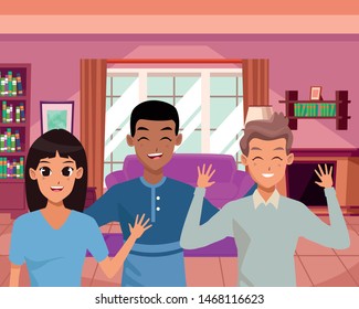 Family three friens smiling inside home vector illustration graphic design