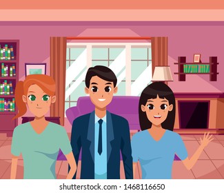 Family three friens smiling inside home vector illustration graphic design