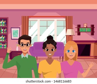 Family three friens smiling inside home vector illustration graphic design