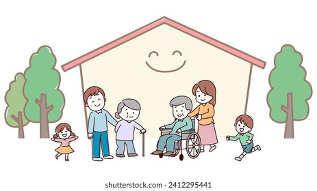 Una familia de tres generaciones sonriendo y divirtiéndose frente a la casa, estilo dibujado a mano