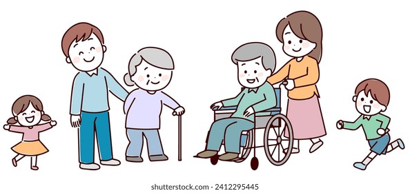 A family of three generations smiling and having fun, hand-drawn style