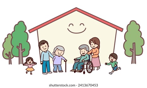 A family of three generations smiling and looking happy in front of the house