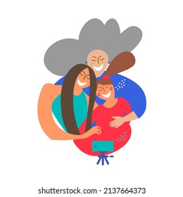Une famille de trois générations de femmes prennent des selfies sur un smartphone ou communiquent en ligne avec leurs proches. Une famille heureuse de trois personnes, grand-mère, fille et petite-fille.