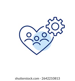 Family of three in heart and cogwheel. Family care settings, personalized support, healthcare management, loved ones protection, customized wellbeing plans, services configuration. Pixel perfect, edit