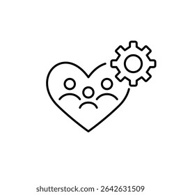 Família de três em coração e roda dentada. Configurações de cuidados com a família, suporte personalizado, gerenciamento de assistência médica, proteção de entes queridos, planos de bem-estar personalizados, configuração de serviços. Pixel perfeito, editar