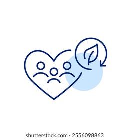 Family of three in heart and leaf in recycling arrow. Eco-friendly household, sustainable living, zero waste. Pixel perfect, editable stroke icon