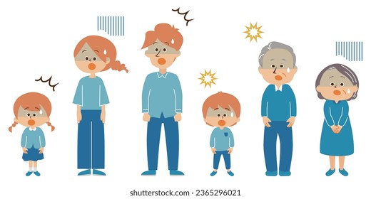 Family, three households, surprise, shock, illustration set material