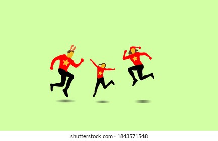 Family of three jumping with christmas clothes waiting for the new year celebration. Happy family Christmas concept.