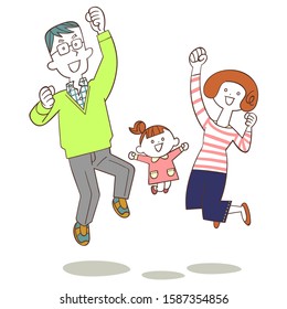 Family of three jumping parents and daughter