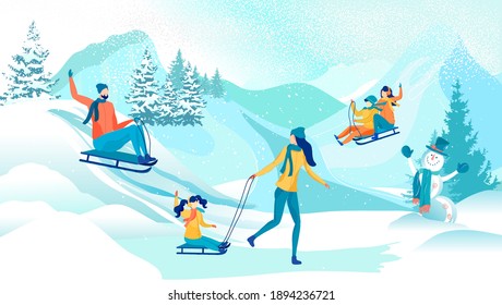 Family with Three Kids Enjoying Sledding Time. Siblings and Their Dad Competing. Mom Dragging Sled with Little Daughter. Decorated Snowman in Deep Snowdrift. Cold and Snowy Happy Winter Days.