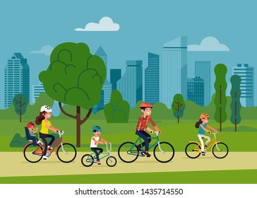 Family with three kids riding bicycles in city park. Happy parents cycling with children in nature. Flat vector illustration on family outdoors activities 