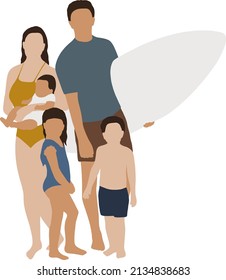 Family with three kids and surf in swimsuits