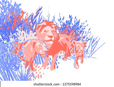 Family of three lions among the grass and bushes. Abstract graphic illustration drawn in the technique of rough brush