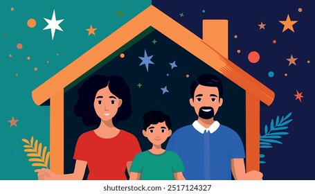 Una familia de tres miembros, un hombre, una mujer y un niño, están de pie frente a una casa. La casa está decorada con estrellas y la familia parece ser feliz