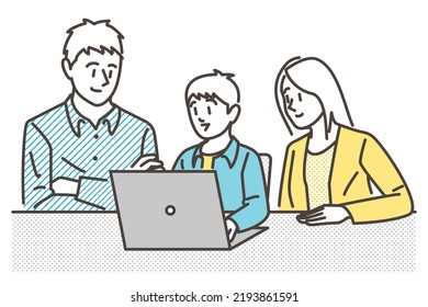 Family of three - mother, father and child - smiling as they look at a laptop computer [Vector illustration].