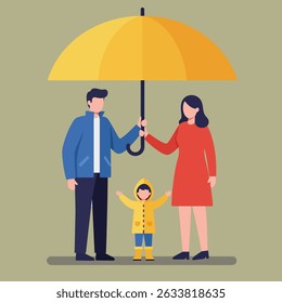A family of three, a mother, father, and child, stand together under a large yellow umbrella.