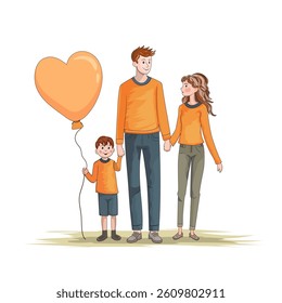 A family of three mum, dad, son wearing orange. The boy is holding a large balloon in the shape of a heart.