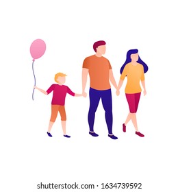 Family of three on walk flat illustration on white cut out background. Mom s dad and baby walk together holding hands. Happy couple. Color design concept of joint family leisure. Girl with a balloon.