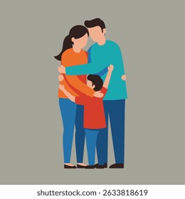 A family of three, parents and child, embrace in a loving hug, depicted in a simple, colorful illustration.