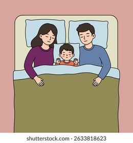 A family of three, parents and child, sleeping peacefully in a bed, illustrating family love and security.