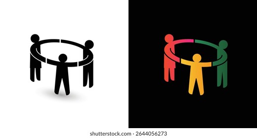 family three people mother farther child holding hands, logo icon symbol. concept of family relationship parenting development unity bonding support wellbeing. vector illustration