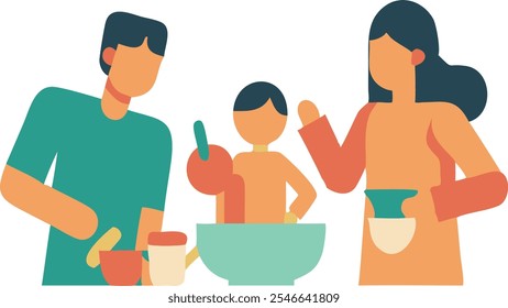 A family of three preparing a meal together, emphasizing the joy and connection of shared cooking experiences. Child actively participating with parents' guidance.