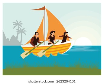 A family of three sailors rowing a sailboat at sunset, set against a tropical backdrop with palm trees and calm water. Happy parents and children concept. Flat vector illustration