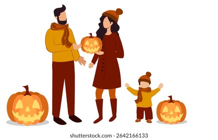 A family of three shares joyful moments during autumn, dressed in cozy scarves and hats, while carving pumpkins for Halloween. The child joyfully engages, surrounded by festive decor