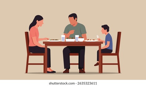 Família de três senta-se à mesa de jantar sem falar, mostrando tensão silenciosa, conceito de distância emocional, ou falta de conexão, ilustração plana vetorial