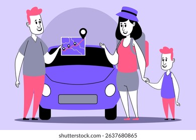 Family of three standing by purple car, looking at map. People planning their road trip