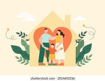 Family of three standing together inside a home with a big heart. Flat illustration of family care or stay home concept.